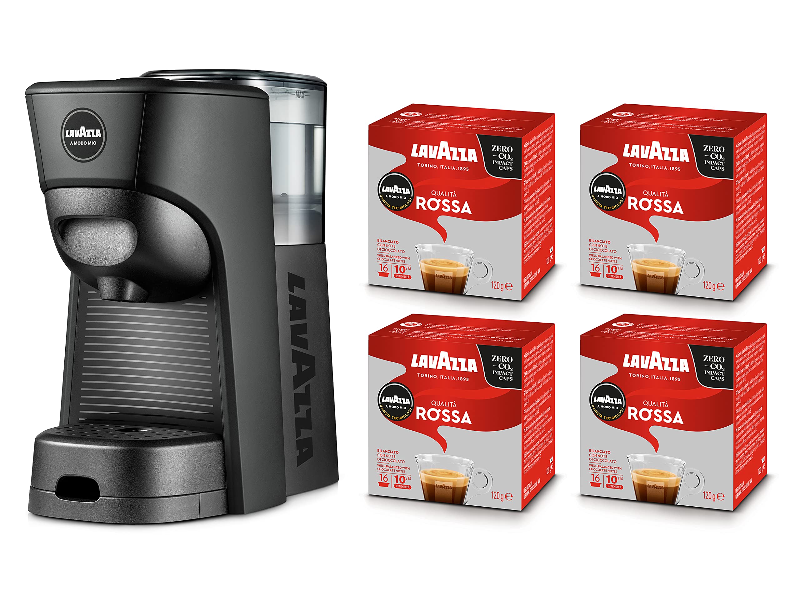 Lavazza, A Modo Mio Tiny Eco Black Kaffeemaschine mit 64 Kapseln roter Qualität inklusive, Espressomaschine aus recyceltem Kunststoff, 1450 W, 220-240 V, 50/60 Hz, 0,6 Liter