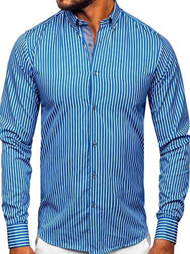 BOLF Herren Hemd Langarm Freizeithemd Langarmhemd Elegant Business Party Bügelleicht Farbwahl Classic Basic Slim Fit Casual Style 22730 Blau L [2B2]