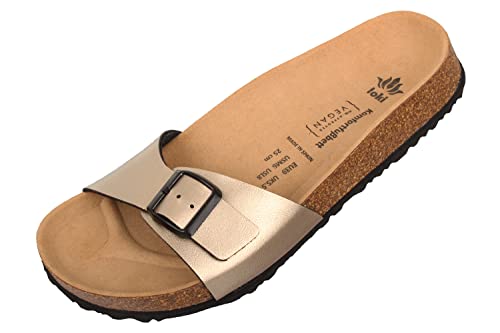 loki GRETA by Pantolette für Damen I nachhaltig & vegan, PETA-zertifiziert I flexible EVA-Laufsohle & Memory-Korkfußbett I modische Einriemer-Sandalen, Allergiker-freundlich I 39 in Gold