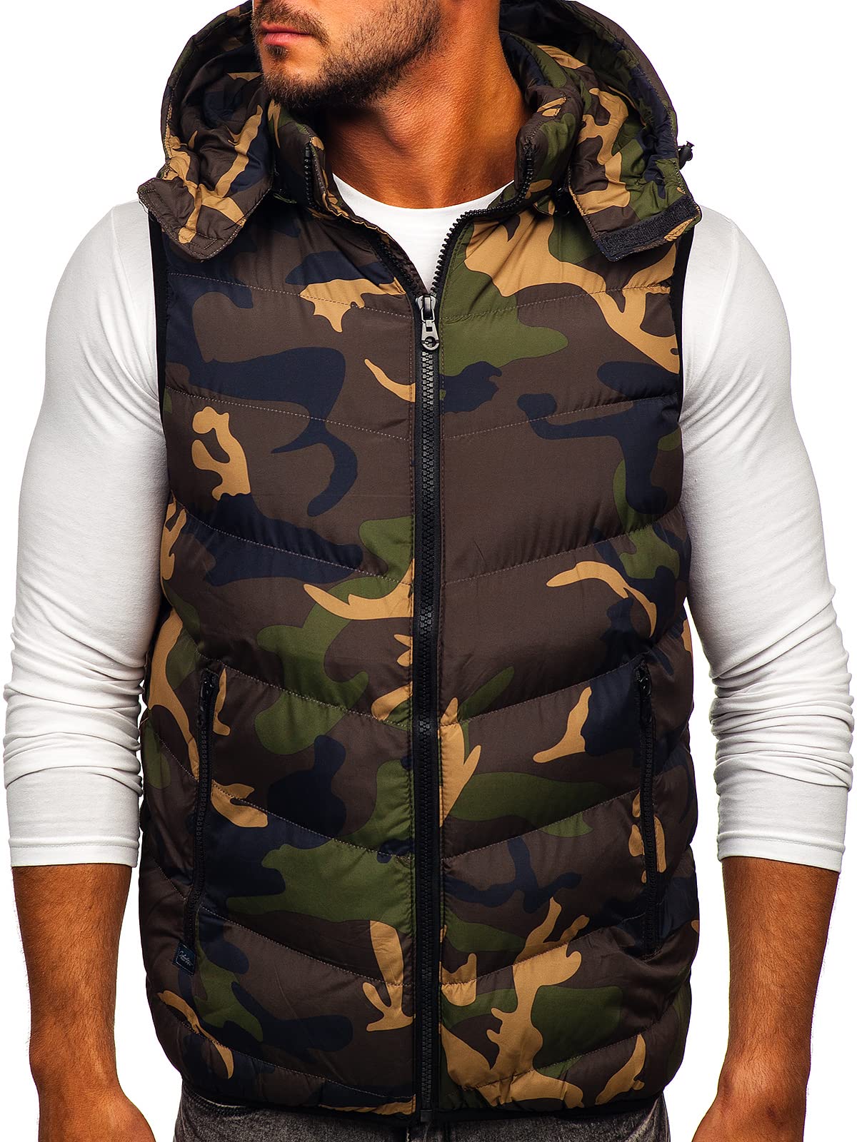 BOLF Herren Weste mit Kapuze Steppweste Army Motiv Camo Bodywarmer Kapuzenweste Daunenweste Reißverschluss Ärmellose Sportweste Zip Wärme Freizeit Outdoor Style 6876 Khaki M [1U1]