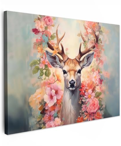 MuchoWow© Leinwand 70x50 cm Deko Schlafzimmer Aesthetic Leinwandbilder Wohnzimmer Gemälde Foto Geschenk Living Room Decoration Hirschkopf Wanddeko Hirsch Bild - Reh - Blumen - Rosa