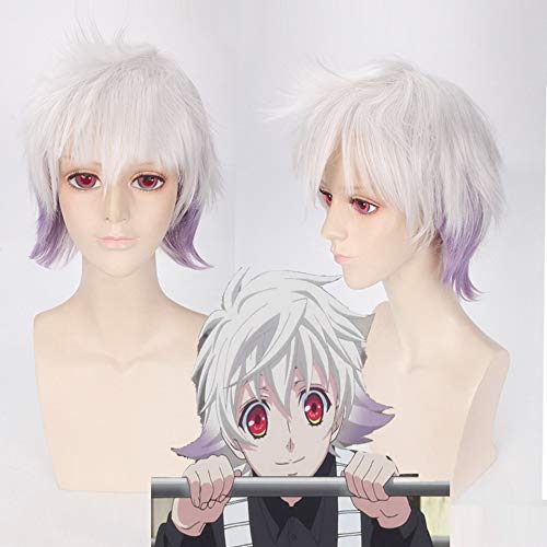 LINLINCD anime cosplay perücke Karneval NAI Weiß Lila Ombre Kurze Männliche Perücke Cosplay Anime Kunsthaar Halloween Kostüm Perücken Für Männer 30 cm