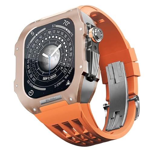 KANUZ Gummiarmband, Lünette, Titanlegierung, für iWatch Watch 7/8, Apple Mod Watch, Zubehör, Ersatz-Edelstahlgehäuse für Apple Serie 45 mm (Farbe: Orange 8, Größe: 45 mm)