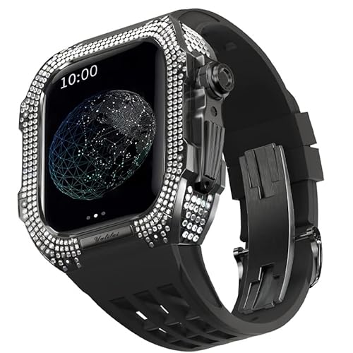 TONECY Uhren-Modifikationsset, Luxus-Uhrenarmband-Set für Apple Watch 8 Ultra, 45 mm, luxuriöses Viton-Armband, Titangehäuse für iWatch 7, 8, 45 mm, Upgrade-Modifikation (Farbe: Schwarz 3, Größe: 45