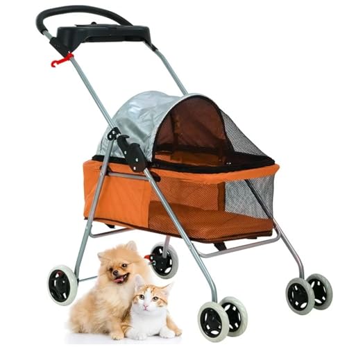 KKXXYQFC 4 Räder Haustier-Kinderwagen, Hunde-Kinderwagen, Katzenkäfig-Jogger-Kinderwagen, Katzen-Reise-Klappträger, wasserdichter Welpen-Kinderwagen mit Getränkehalter, Orange