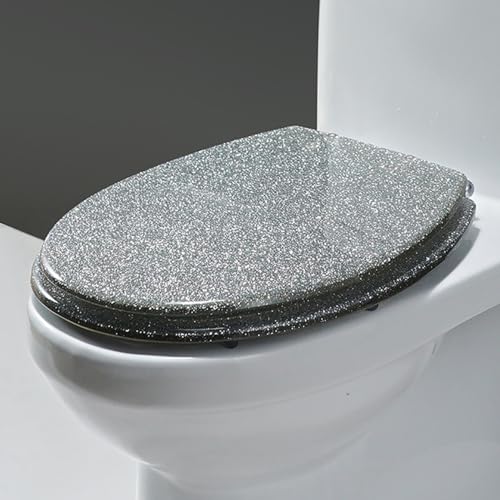 Dazzluxe Runder WC-Sitz Aus Kunstharz Mit Glitzerndem WC-Deckel, Langsam Schließender WC-Sitzbezug, Inklusive Befestigungssätzen, Passend Für Die Meisten Standard-U/V/O-Wcs, Leises Schließen,Silver 1