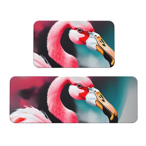 YQxwJL Küchenteppich, Motiv: Flamingo-Druck, rutschfest, 2er-Set, bequeme Stehmatten für Küche, Büro