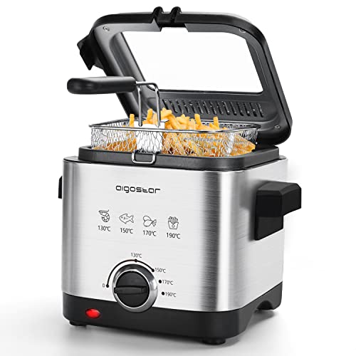 Aigostar Fries 3000041ZD - Mini Fritteuse,Temperaturkontrolle und Abnehmbarer Deckel Sichtfenster,Easy Clean,Edelstahl-Korb,1,5 Liter groß, 900W. EINWEGVERPACKUNG