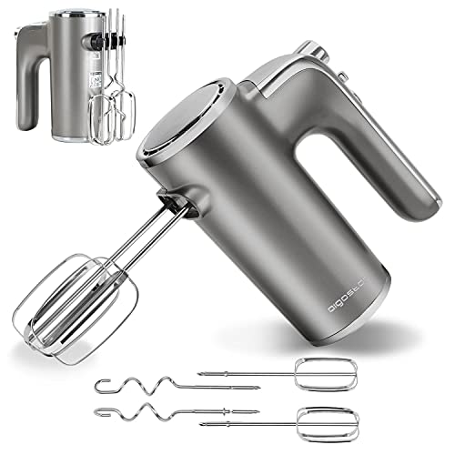 Aigostar Adela - Handmixer, 400 W Ultra Power Mixer Handrührer mit 1 Aufbewahrungshalterung, 5 Geschwindigkeiten, Turbo Boost, 2 Schneebesen und 2 Knethaken, für Eier, Teig, Kuchen, etc. Silber-Grau.