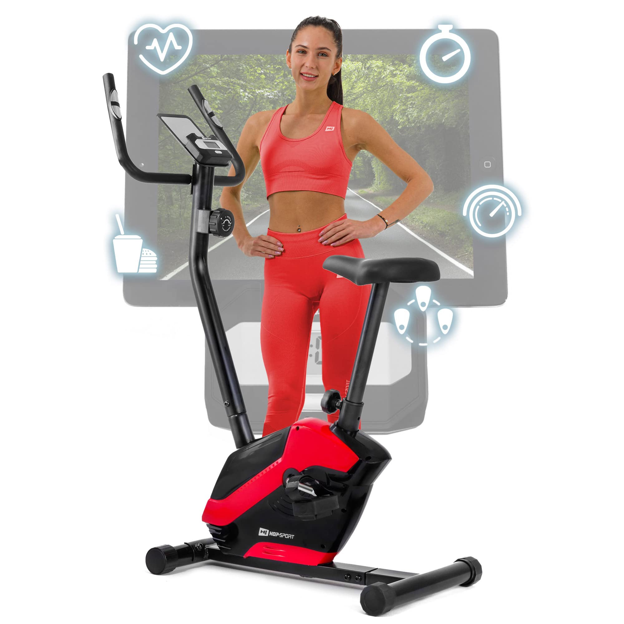 Hop-Sport HS-045H EOS Heimtrainer Fahrrad für Zuhause - kompaktes Fitnessbike mit Pulssensoren und Tablethalterung - Fitnessfahhrad mit Trainingscomputer für ein max. Nutzergewicht von 120kg Rot