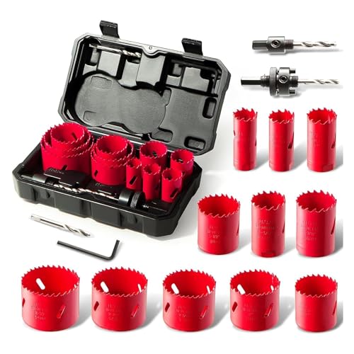 HYCHIKA Bi-Metall-Lochsägen-Set, 17-teilig, Hochgeschwindigkeitsstahl, 1,9 cm - 6,4 Set im Koffer mit Dornen, langlebiger perfekt zum Bohren von PVC-Platten, Metall- und Kunststoffplatten