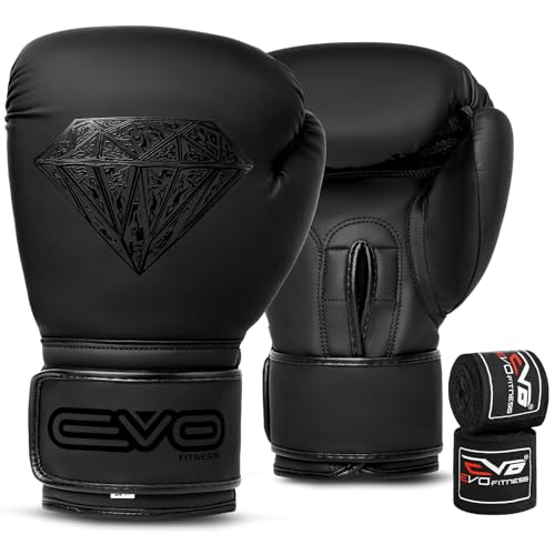 EVO Maya Hide Leder-Boxhandschuhe für MMA-Boxsack, Sparring, Muay Thai, Kickboxen, Kampftraining, inkl. Handbandagen, Schwarz/Diamant, matt, 284 g (Schwarz, 10 OZ)