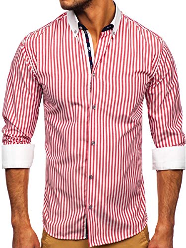 BOLF Herren Hemd Langarm Streifenhemd Freizeithemd Hemdbluse Langarmhemd Elegant Business Party Bügelleicht Farbwahl Classic Basic Slim Fit Casual Style 20727 Rot L [2B2]