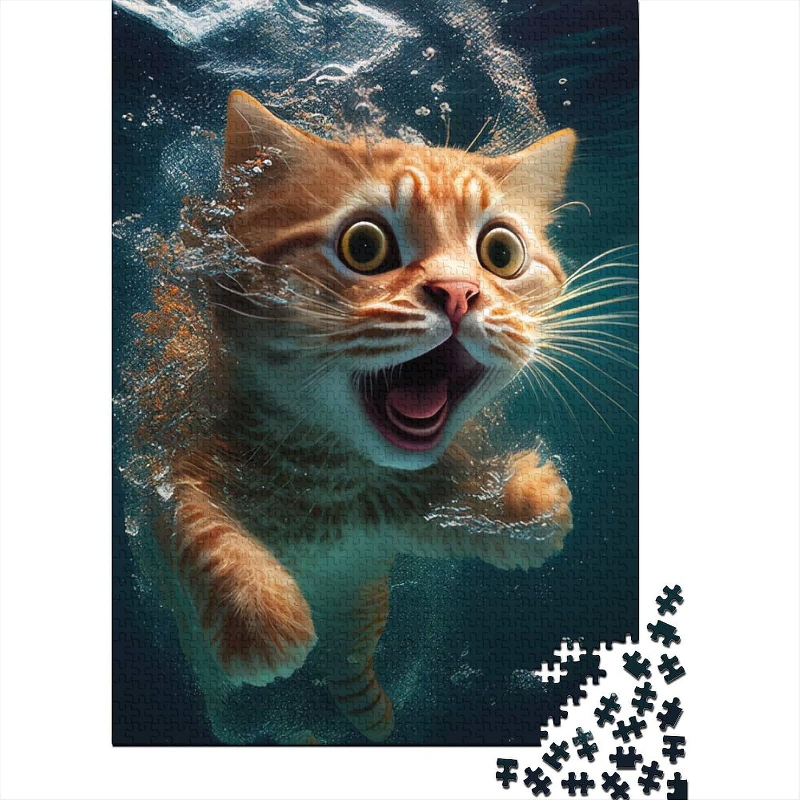 Lustiger Katzen-Unterwasser-Schock für Erwachsene, schwierige Puzzles, schwierige, anspruchsvolle Puzzles mit 1000 Teilen, dekomprimierendes intellektuelles Lernspielzeug, 75 x 50 cm