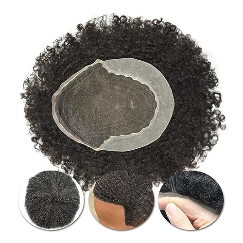 Herren-Haarteile, Afro-Toupet for lockiges Haar for Männer, Schweizer Spitze und PU-Hautbasis, Systemeinheit for lockiges Haar, 4–25 mm, lockiges natürliches schwarzes indisches Echthaar, männliche Ha