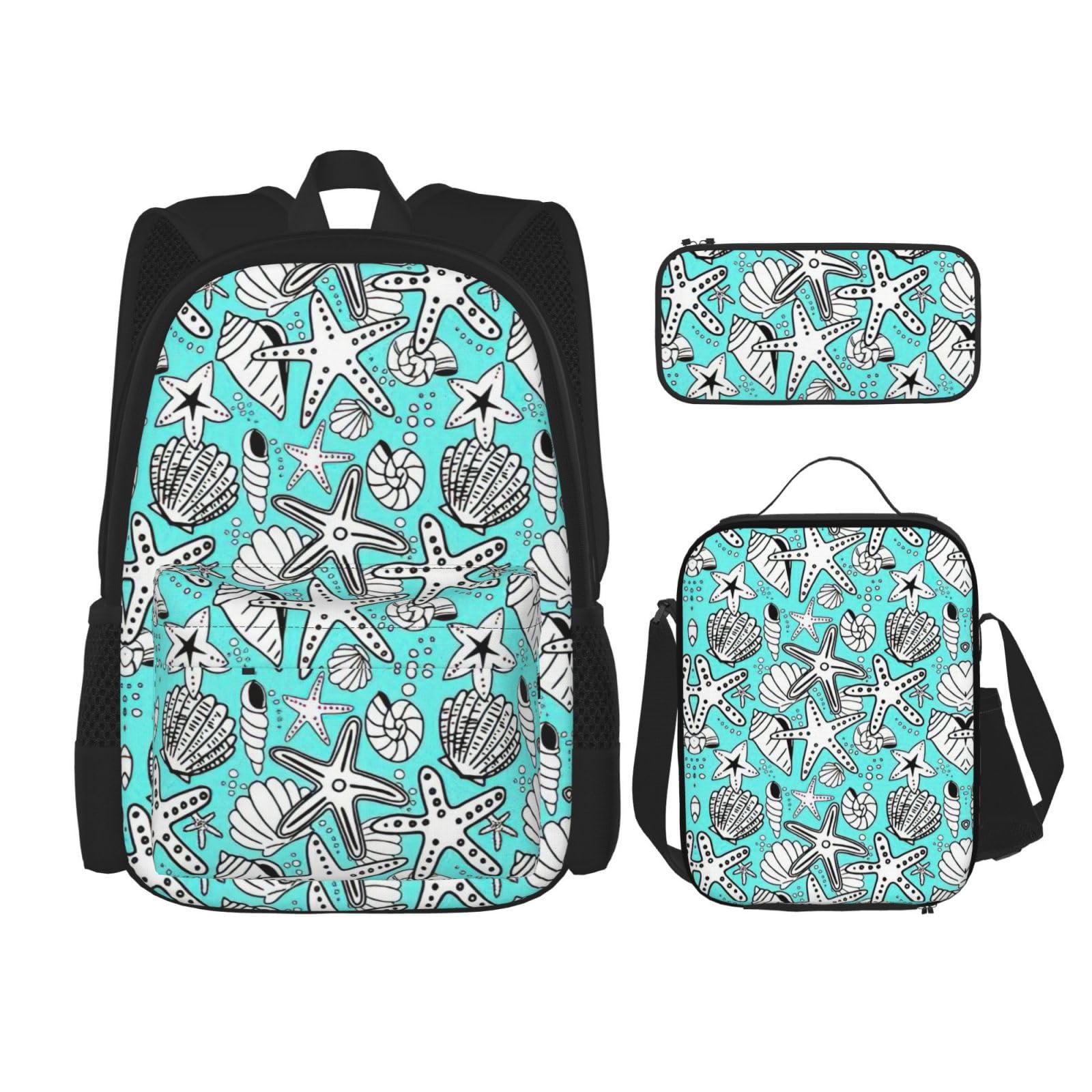 WURTON Wunderschöner Rucksack mit Seestern-Aufdruck, für Mädchen und Jungen, Schulranzen, Lunchbox und Federmäppchen, 3-in-1-Büchertaschen-Set