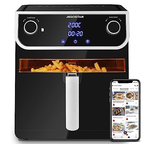 Aigostar - Friteuse à air XXL 8L, Friteuse sans huile avec fenêtre d'affichage, 1700 W, 12 fonctions prédéfinies + manuel, écran tactile LED, double utilisation : avec panier ou tiroir