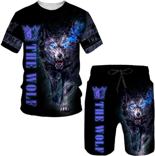 RIAAJ Herren wolf T-Shirt Short Hosen 3D Animal Herren T-Shirt Shorts Set Street Casual Trainingsanzug Sportanzug (A1,4XL)