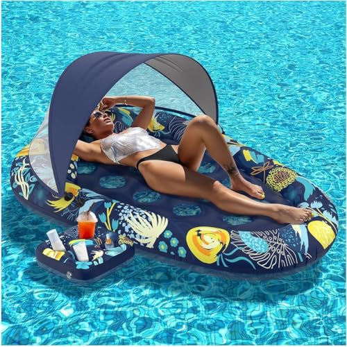 Pool Floats Erwachsene, aufblasbare Pool Float Lounge, 3-in-1-Pool mit Überdachung, verstellbare Kopfstütze Pool Chair Float, XL-Mehrzweck-aufblasbares Poolspielzeug für Poolparty, Strand, S