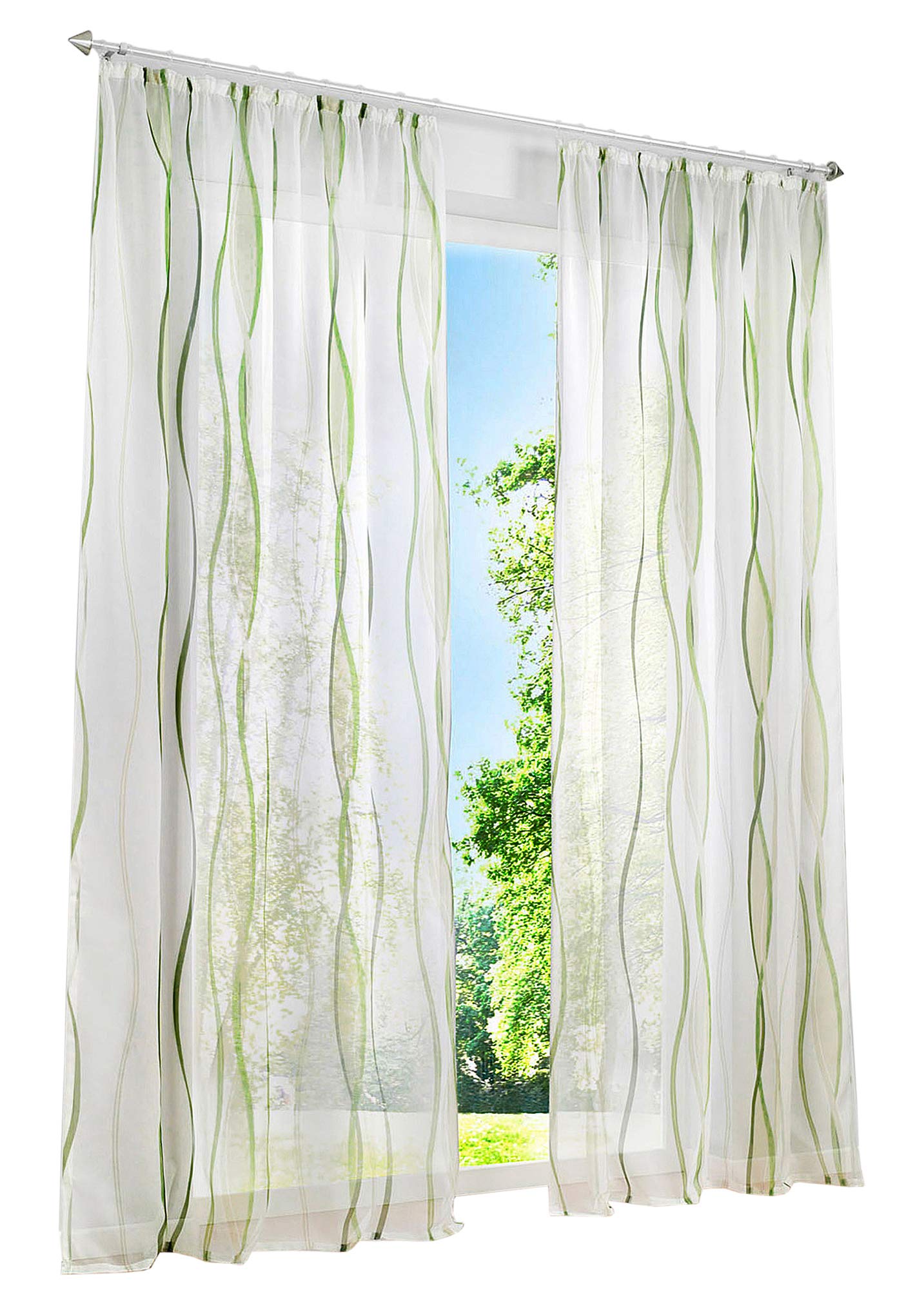 LiYa 1 Stück Gardinen mit Wellen Muster Design Schals Voile Transparent Fenster Vorhang (BxH 140x245cm, Grün mit Kräuselband)