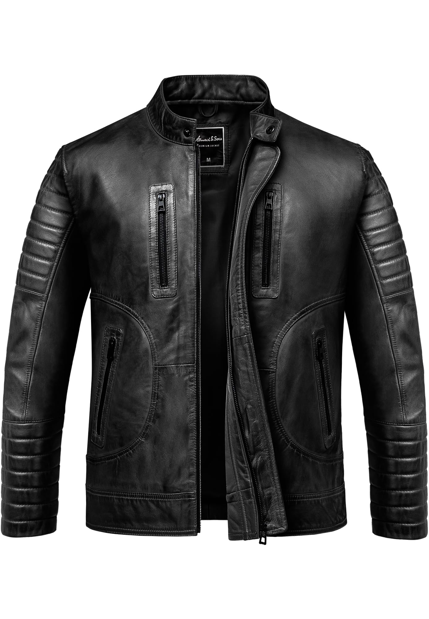 Amaci&Sons Herren Echtleder Jacke Biker Zipper Lederjacke 9105 Schwarz 3XL