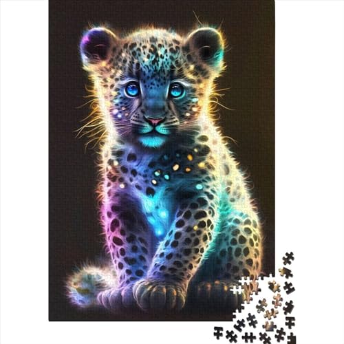 Niedliches Regenbogen-Baby-Leoparden-Holzpuzzle für Erwachsene und Teenager. Das Puzzle für Erwachsene und Teenager ganze Familie und die (Größe: 75 x 50 cm)