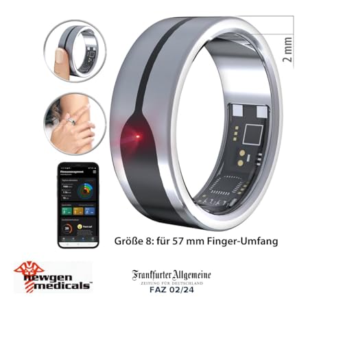 Newgen Medicals Smart Ringe Android: Fitnesstracker-Ring, Herzfrequenz- & SpO2-Anzeige, 2 mm, Silber, Gr.57 (Schlaf-Tracker, Fitness Ring)