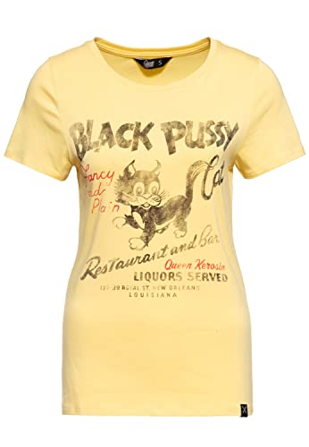 Queen Kerosin Damen Vintage Shirt | T-Shirt | Runder Ausschnitt | Frontprint | Kurzarm | Gelb Black Pussy Cat