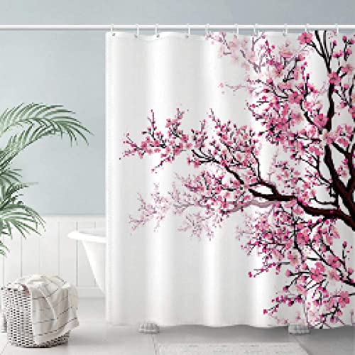 HOLEILUCK Kirschblüten-Duschvorhang, 125 x 200 cm/49 x 79 Zoll (B x L), Badezimmer-Set, Sakura-Pflaumenblüte, Badewannendekoration, wasserdichter Stoff, maschinenwaschbar