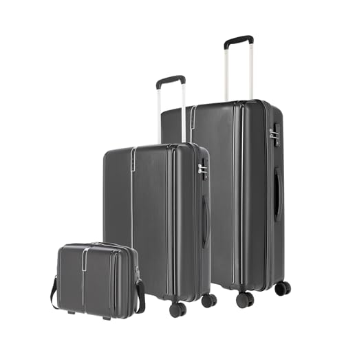 Travelite Vaka 3er Set Polypropylen Hartschalen Trolley 4-Rad 4-Rollen Koffer L + M + Beautycase 076442, Farbe:Schwarz