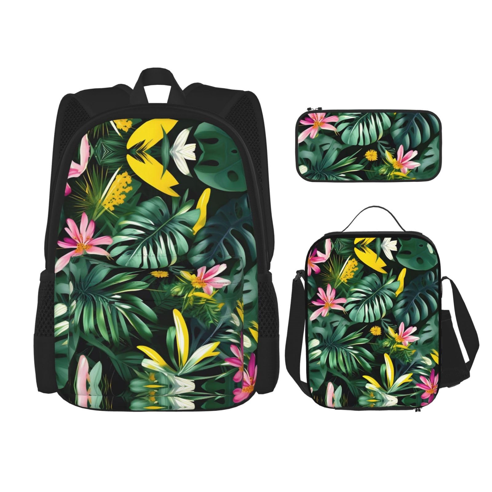 WURTON Reise-Lunchbox mit tropischen Blättern und Blumen, Federmäppchen, Rucksack-Set, 3-teilig, verstellbare Riemen, leicht, Schwarz, Einheitsgröße