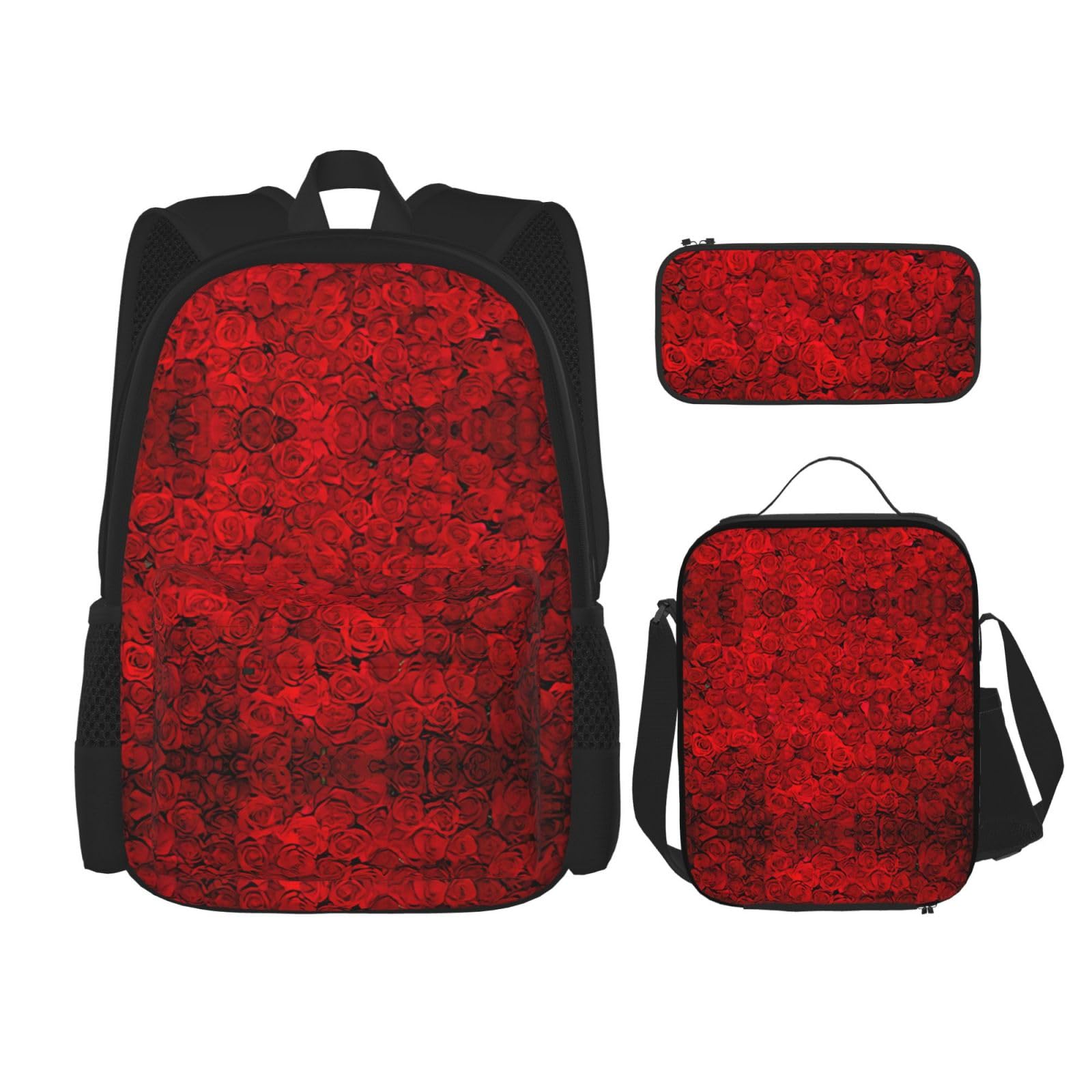 WURTON Schulrucksack-Set mit roter Rose 1, Schultasche mit Lunchtasche, Federmäppchen, Kombination, Schultaschen-Set, Schwarz , Einheitsgröße