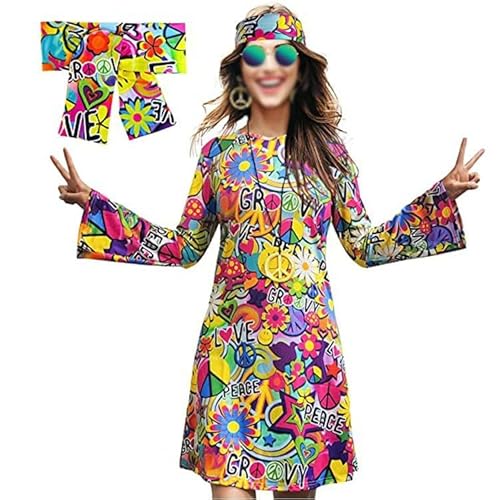 letaofang Damen-Hippie-Kleid, 1970er-Kostüm, mit Halskette, Ohrringen, Sonnenbrille, Disco-Outfit, 1960er-Party-Kostüm, Halloween Retro-Kleid