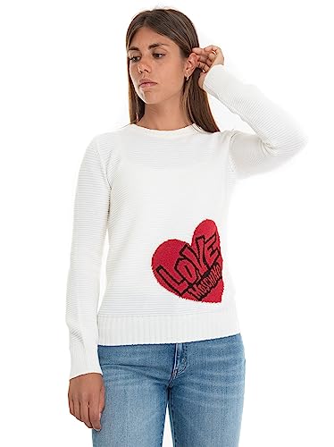 Love Moschino Damen Slim Fit Long-sleeved With Red Heart Jacquard Intarsia On The Front. pullover, Weiß, 38 EU