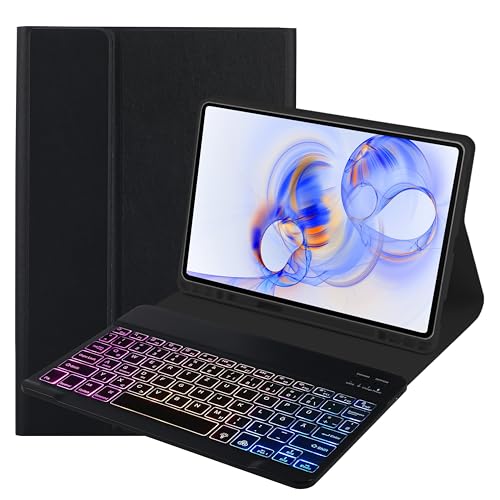 SUEEWE Tastatur Hülle für Samsung Galaxy Tab S9 FE / S9 (SM-X710/X716B/X718U/X510/X516B) 2023, TPU Rückseite Hülle mit 3 Bereich 7 Farbe Beleuchtete Abnehmbarer QWERTZ Tastatur, Schwarz