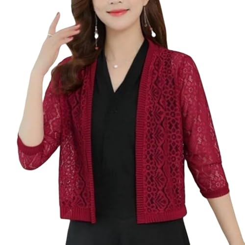 CuLtP Bolero Damen festlich Damen Bolero Cardigan Aus Spitze 3/4 Ärmel Häkel Bolero Cardigan Sommer Cardigan Mit Blumenmuster Durchsichtiger Mesh Cardigan 50Er Jahre Bolero Abendjacken Hochzeit SHR