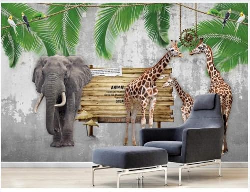 Elefant Giraffe Tier Grünes Blatt 3D Tapete Poster Restaurant Schlafzimmer Wohnzimmer Sofa TV Dekorative Wand-400cm×280cm