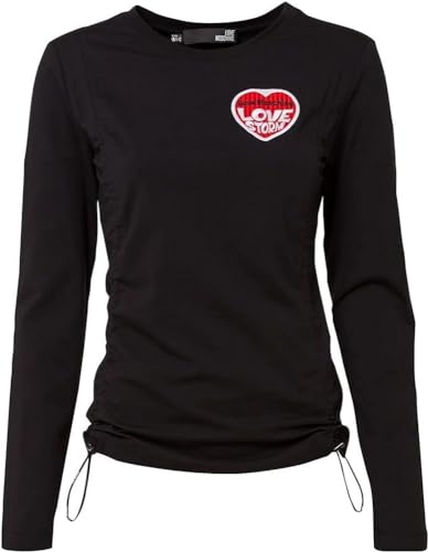 Love Moschino Women's Tight Long Sleeves Sides Curled by Logo Elastic Drawstring and with Embroidered Love Storm Heart Patch T-Shirt, Black, 40