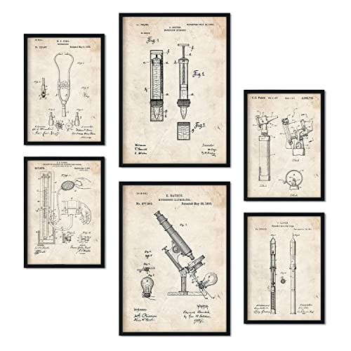 Nacnic Set von 6 Plakaten mit Medizin Patenten. Plakate mit Retro-Patentabbildungen. Inneneinrichtung im Vintage-Stil. Grösse A4 und A3. Mit Rahmen.