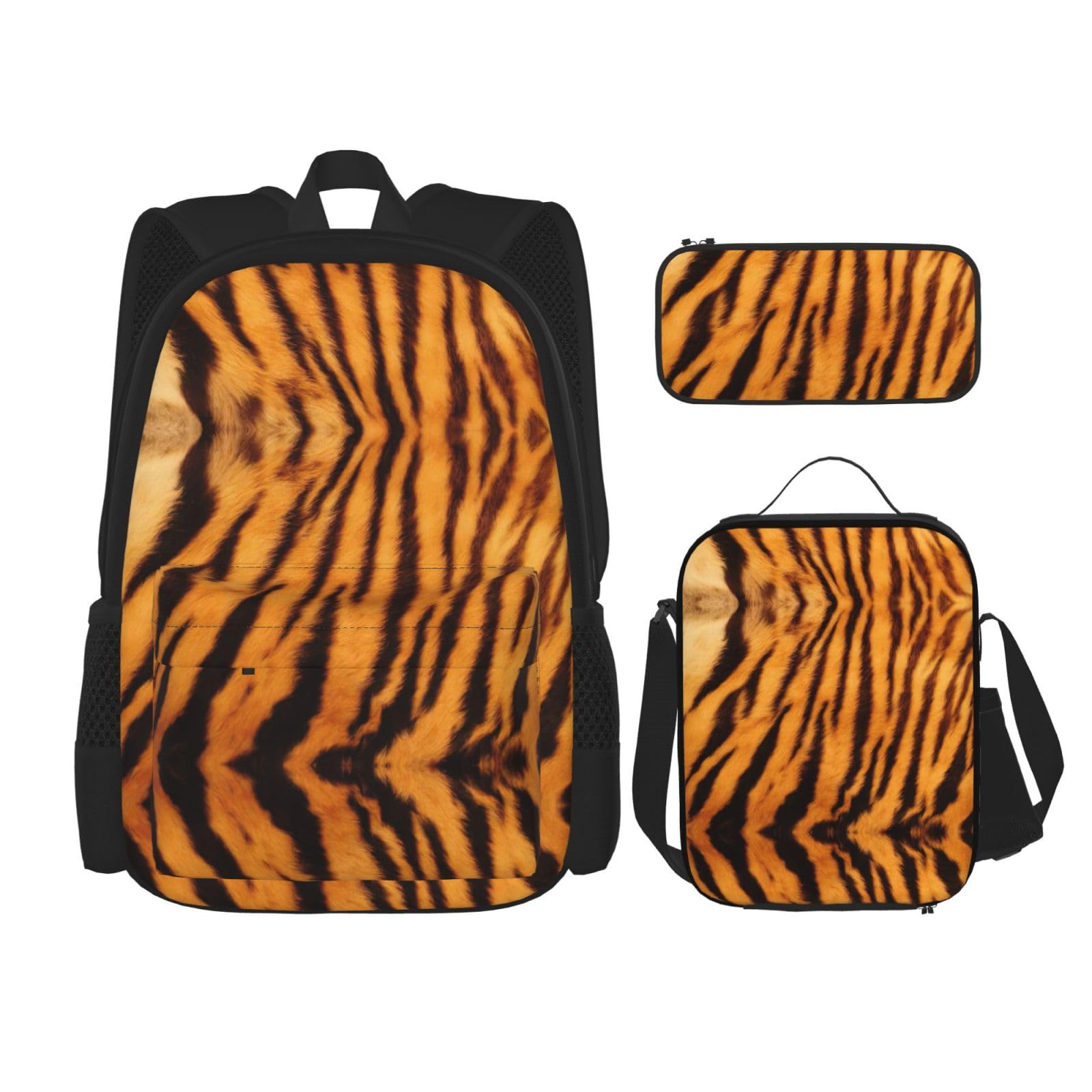 WURTON Tiger gestreiftes Muster Druck Schulrucksack 3 in 1 Büchertasche Set mit Lunchbox Federmäppchen Reise Laptop Daypacks