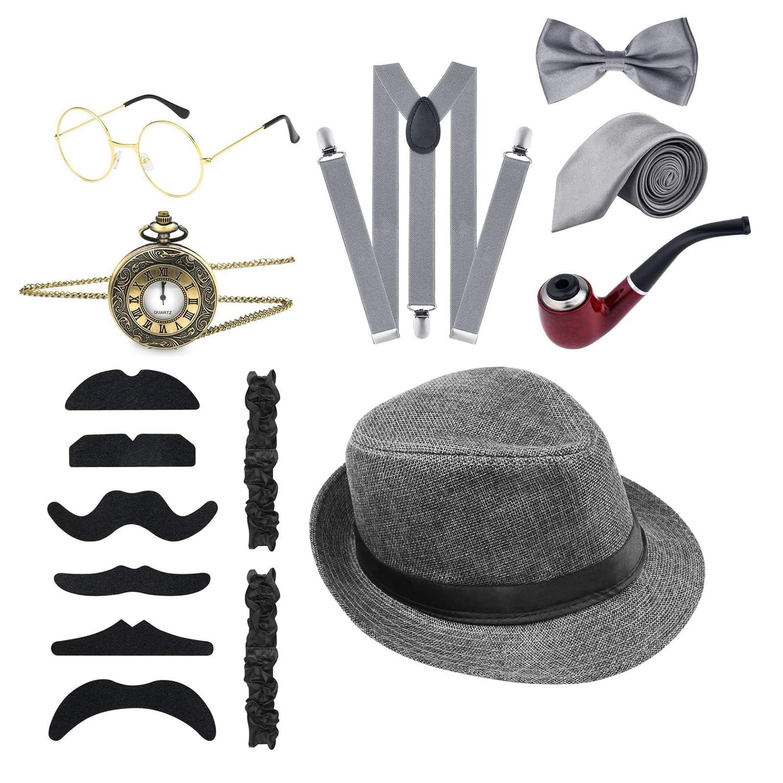 MEELYHOME Modisches Gangster-Kostüm, 1920er-Jahre-Rollenspiel-Kostüm, Outfit mit Taschenuhr, Schnurrbärte, Fliege, Abschlussball, Partyzubehör, Hochzeitszubehör