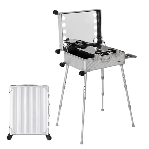 Aluminium-Trolley, Make-up-Zugkoffer mit LED-Licht, professioneller Kosmetik-Make-up-Organizer, Studio mit Ständer, rollendes, beleuchtetes Make-up (Silver Stripe 58X45X23cm)