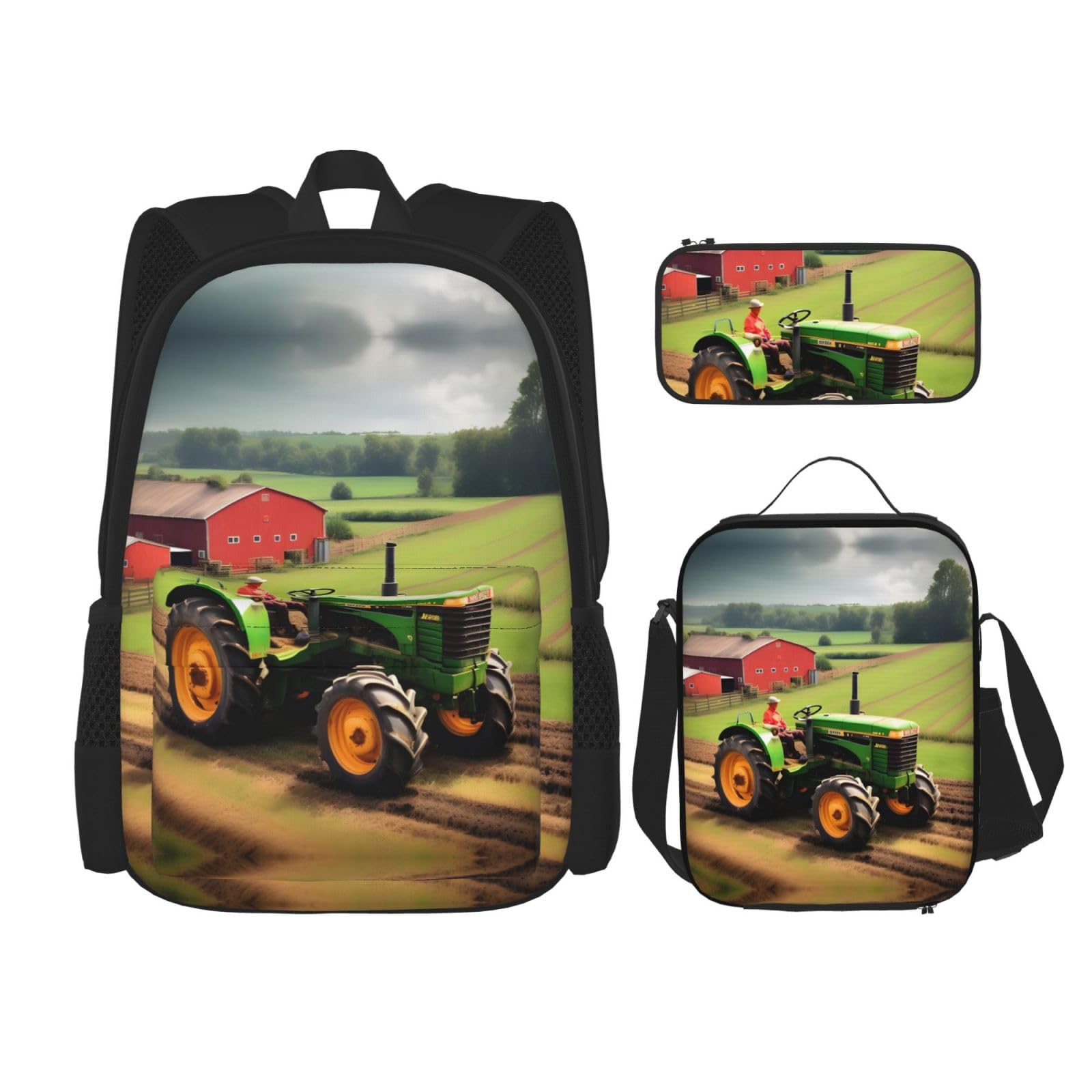 WURTON Traktor Bauernhof Muster Druck Lunchbox Federmäppchen Rucksack Set 3 Stück Verstellbare Träger Langlebig Leicht, Schwarz, One Size