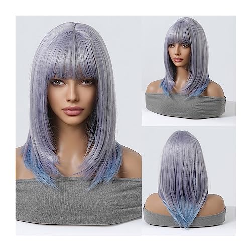 Perücken 14 Zoll/35 cm Lila Blau Ombre Cosplay Synthetische Perücken Kurzer Bob Gerade Lolita Halloween Haarperücke mit Pony for Frauen Hitzebeständig Damenperücke