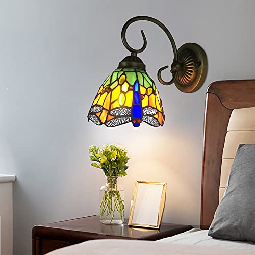 KenSyuInt LED Tiffany Stil Wandleuchte Innen Wandlampe Vintage Tiffany Lampe mit Base aus antik Metall E27 Sockel Glasschirm Wanddeko Beleuchtung für Restaurant Schlafzimmer Flur, Kein Zug-Schalter