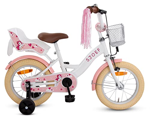 SJOEF Dolly Kinderfahrrad 14 Zoll | Kinder Fahrrad für Mädchen/Jugend | Ab 2-7 Jahren | 12-18 Zoll | inklusive Stützräder (Weiß)