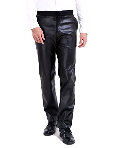 Idopy Männer Schwarze weiche elastische Taille Faux Lederhose mit Kordelzug