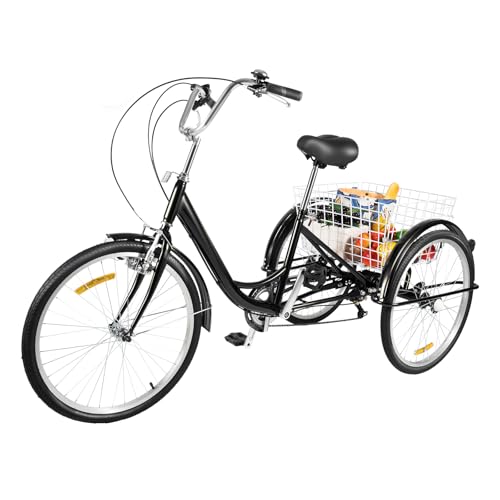 Fridgestea 24 Zoll Dreirad für Erwachsene, 3 Räder 6-Gänge Fahrrad Erwachsenendreirad Tricycle Bike mit Lampe Einkaufskorb für Damen Herren Senioren (Schwarz)