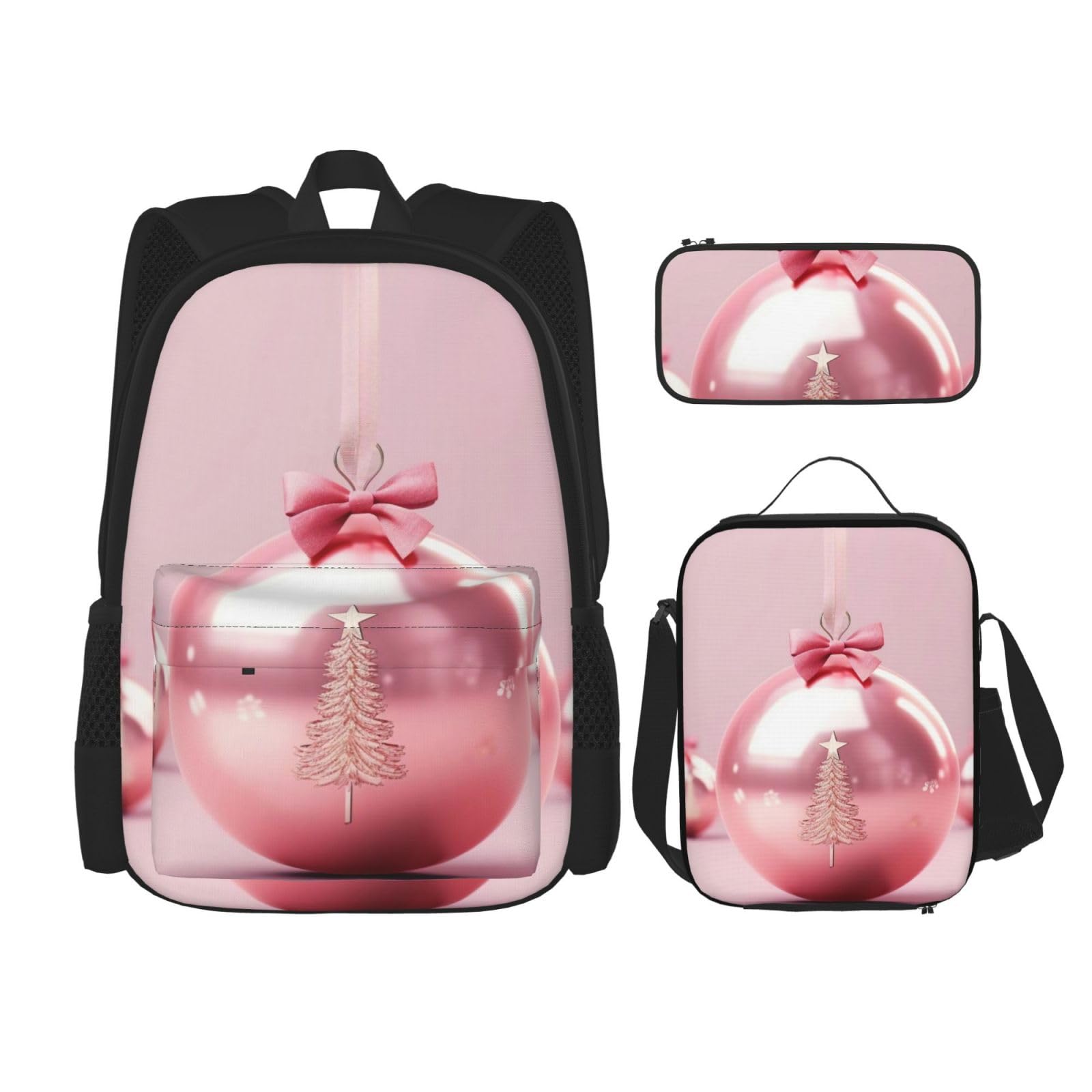 DENMER Mehrzweck-Schultasche mit pinkem Flamingo am Strand, mit passendem Federmäppchen und Lunchtasche, stilvolle All-in-One-Lösung, Rosa Weihnachtskugel, Einheitsgröße