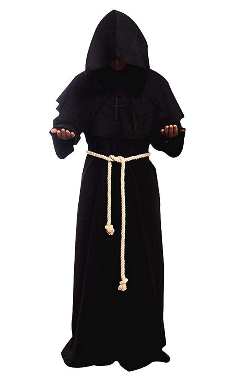 Herren Priester Halloween Kostüm Mönch Outfit Mittelalterlicher Umhang mit Kapuze Cosplay Zauberer Priester Frater Kapuze Robe für Karneval Gotik Zauberer Ritter Renaissance(M,Schwarz)